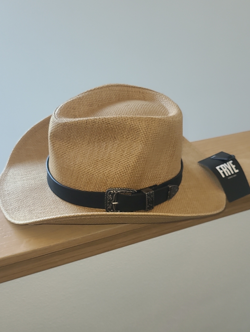 Frye Tan Straw Western Hat with Black Buckle Band